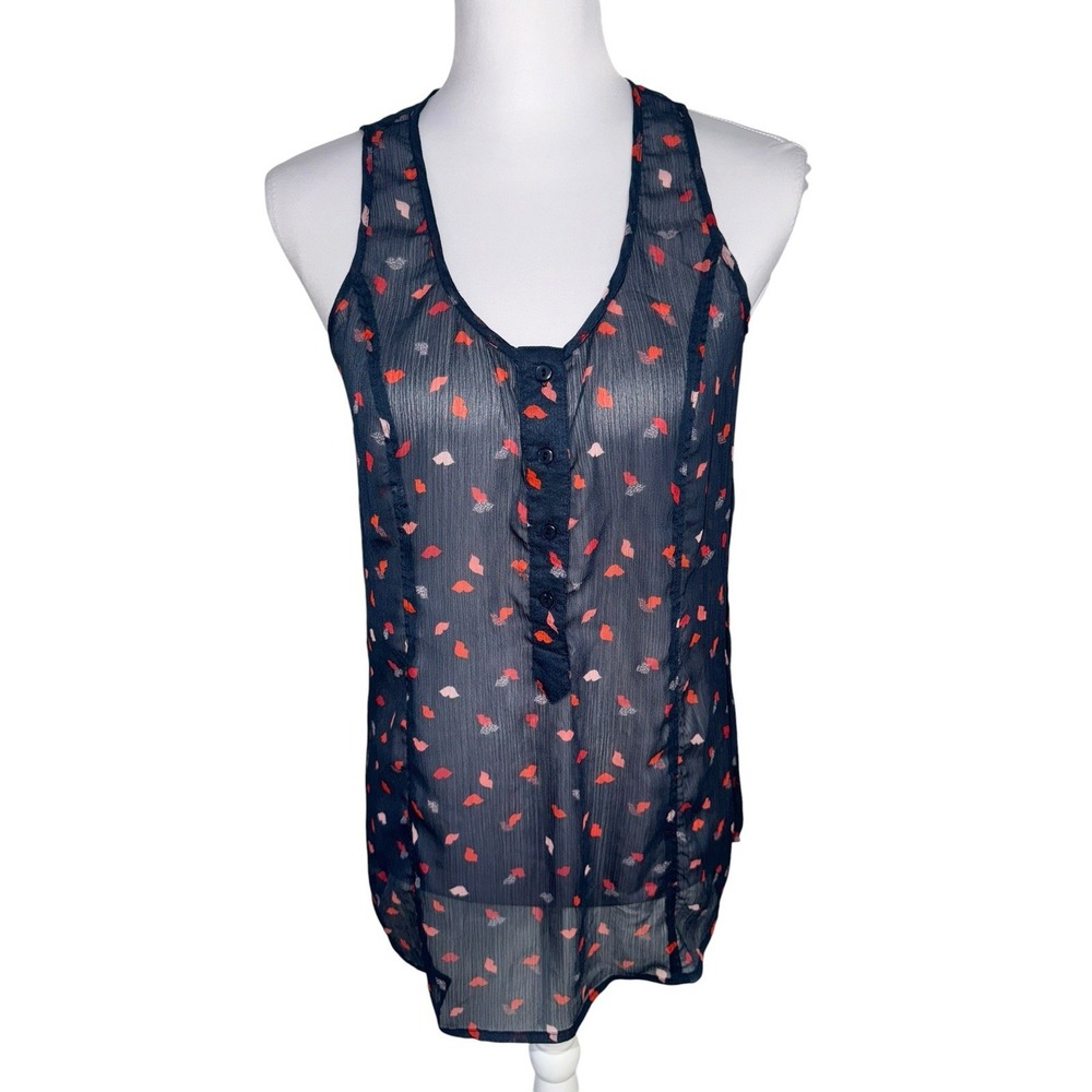 Pins‎ and Needles Heart Print Tank Top Large Navy Blue Sheer Button Front